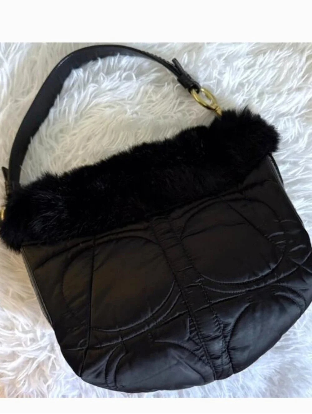 2 Pc. Coach Black Rabbit Fur Plushy Signature Quilted Purse & Matching Wristlet